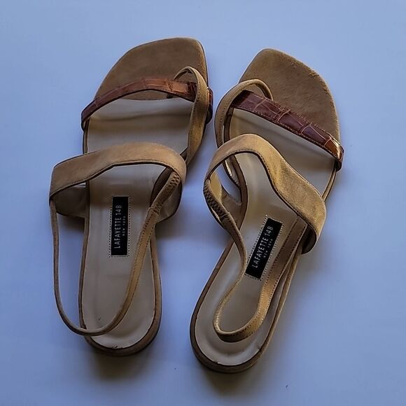 Lafayette 148 New York SELENE Tan Suede/Reptile Sandals Sz 7 - Picture 3 of 4